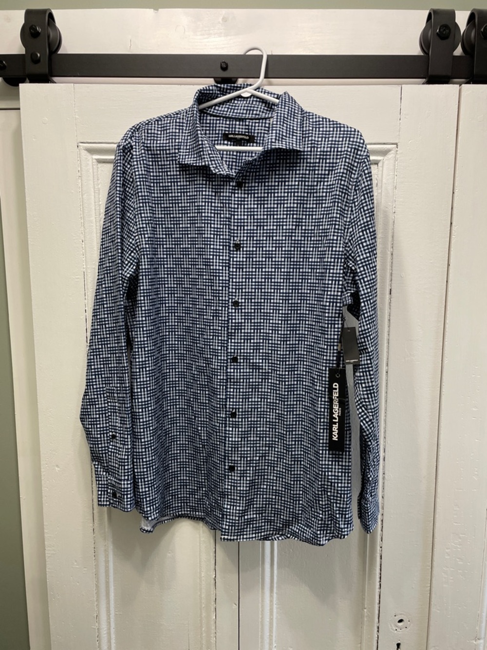Karl Lagerfeld Men’s Blue and White Check Dress Shirt size L Large